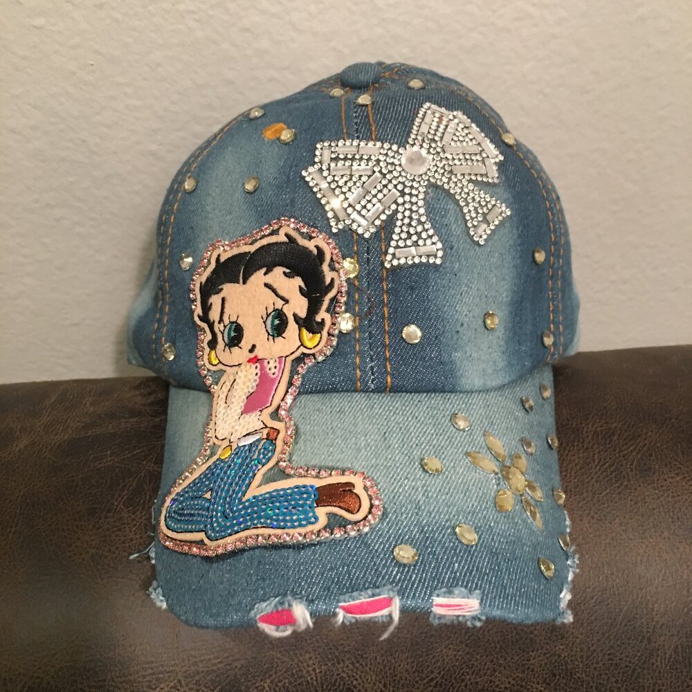 Betty Boop Silver Bow Distressed Rhinestone Baseball cap  NWT